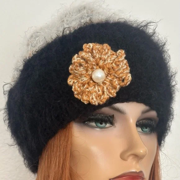 Hand Knits 2 Love Winter Hat Beanie Mohair Look Flower Pearls Designer Fashion - Picture 3 of 11